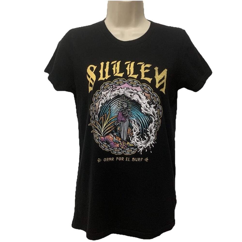 Sullen Angels Graphic T-Shirt Orar Por El Surf Skeleton Wave Womens Small
